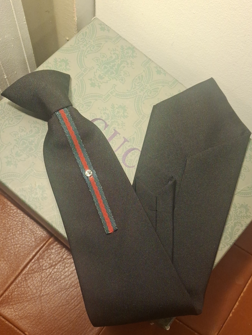 Upcycle Gucci Black Tie with Red and Green Stripe Accent